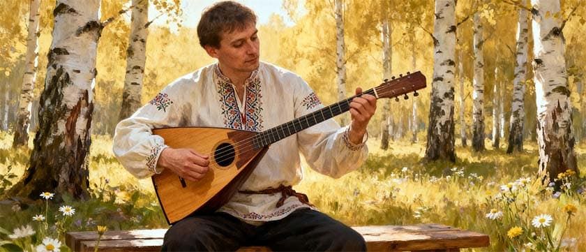 Музыкант играет на балалайке