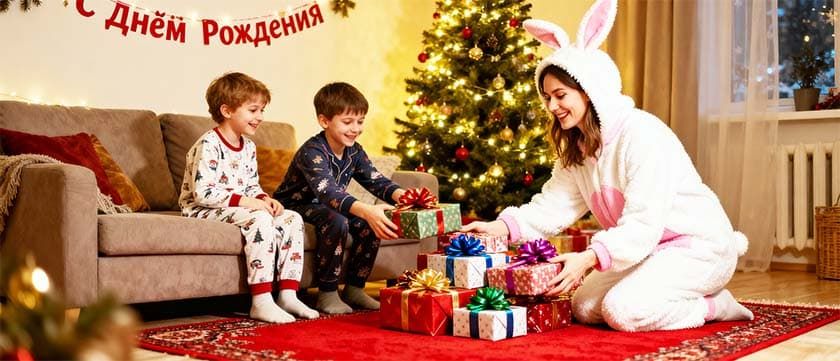 Мама в костюме зайчихи с детьми на дне рождения