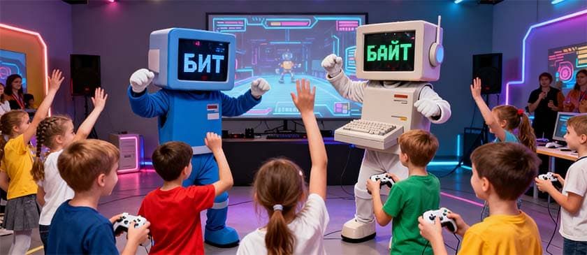 Аниматоры в костюмах Бит и Байт играют с детьми