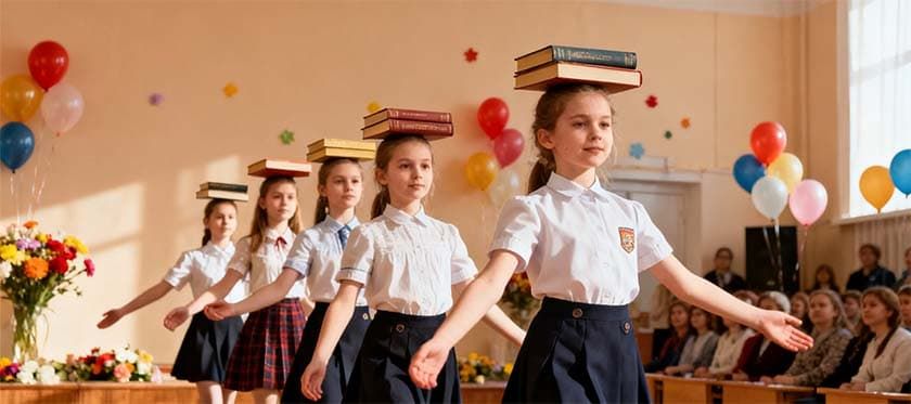 Дефиле школьниц с книгой на голове
