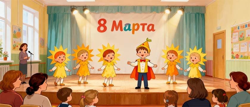 Дети в костюмах выступают перед мамами в дестклм саду