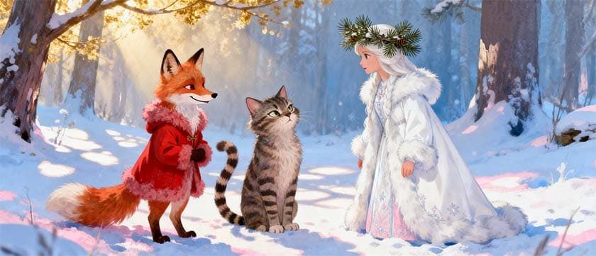 Лиса Алиса и кот Базилио встретили Снегурочку